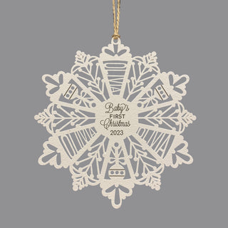 Baby's First Christmas White Wood Snowflake Ornament with Name and Year