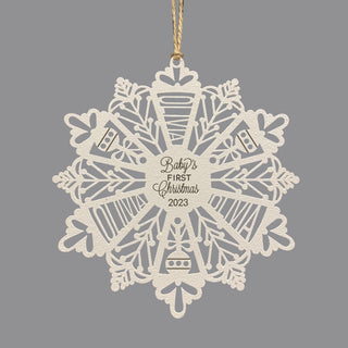 Baby's First Christmas White Wood Snowflake Ornament with Name and Year