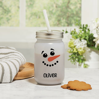 Snowman Face Personalized Frosted Glass Mason Jar
