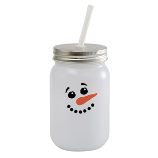 Snowman Face Frosted Mason Jar with Lid & Straw