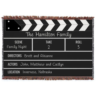 Family Movie Night Clapper Board Personalized Fringe Throw Blanket