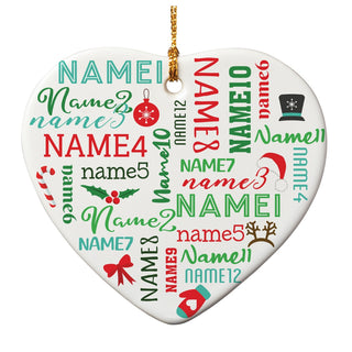 Festive Red & Green Name Pattern Ceramic Heart Ornament