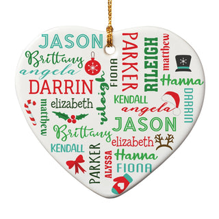 Festive Red & Green Name Pattern Ceramic Heart Ornament