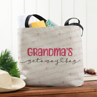 Grandma's Getaway Bag Personalized Black Handle Burlap Tote