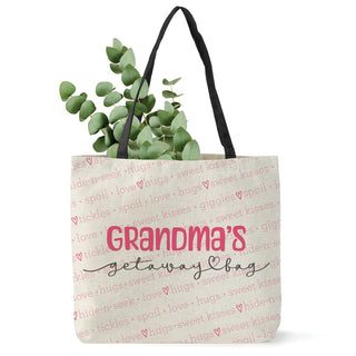 Grandma's Getaway Bag Personalized Black Handle Burlap Tote