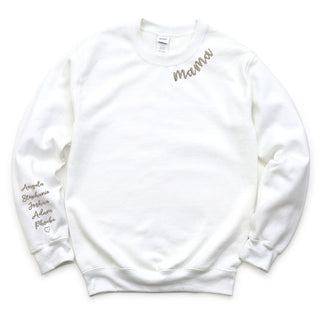 Embroidered Mama White Sweatshirt with Kid Names on Sleeve