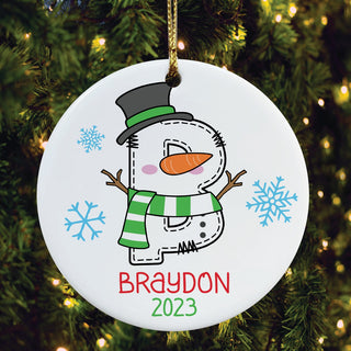 Snowman Initial Round Ceramic Ornament