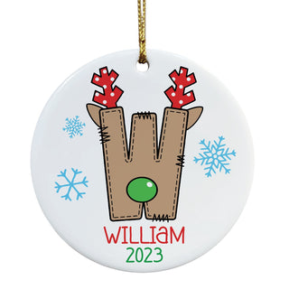 Reindeer Initial Round Ceramic Ornament