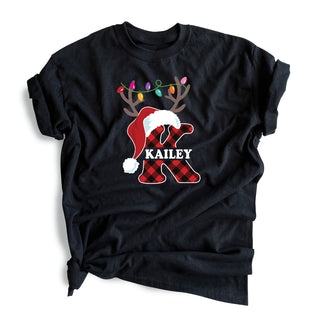 Santa Hat Antlers Initial with Name Black T-Shirt-Adult Medium