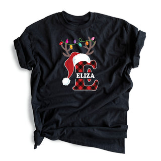 Santa Hat Antlers Initial with Name Black T-Shirt-Adult XXLarge
