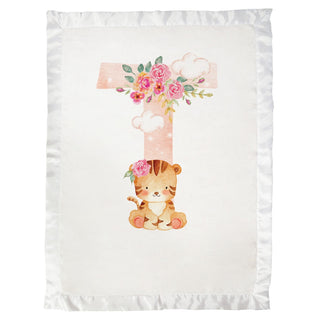 Floral Animal Initial Personalized Satin Trim Baby Blanket