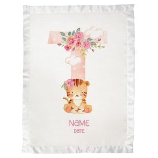 Floral Animal Initial Personalized Satin Trim Baby Blanket