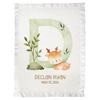 Baby Boy Animal Initial Personalized Satin Trim Baby Blanket