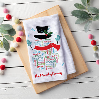 Snowman Family Name Pattern Waffle Tea Towel