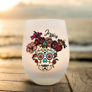 Colorful Floral Skull Frosted Wine Glass Votive Holder