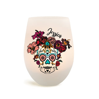 Colorful Floral Skull Frosted Wine Glass Votive Holder