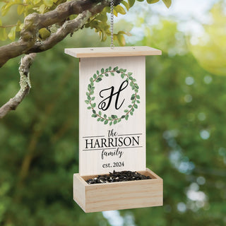 Family Wreath Hanging Wood Bird Feeder personalized with initial, name and established year gift for wedding or family