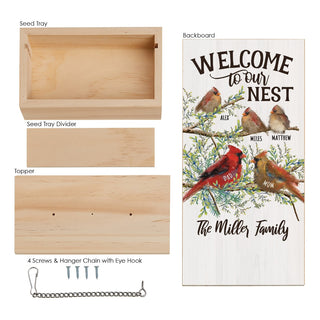 Welcome To Our Nest Cardinal Family Hanging Wood Bird Feeder