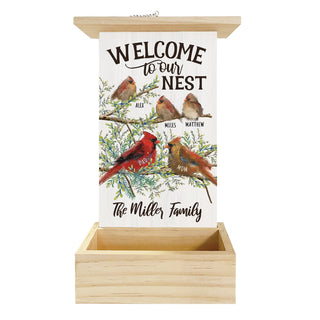 Welcome To Our Nest Cardinal Family Hanging Wood Bird Feeder