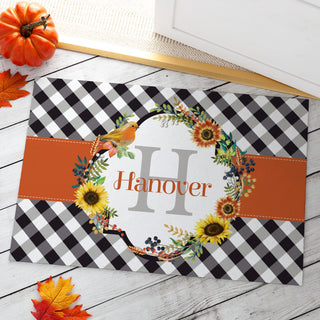 Fall Flowers Gingham Name & Initial Doormat - 18x27 Inch, 1/8" Thin