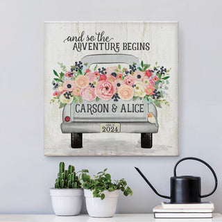 Floral Vintage Truck Canvas for wedding personalized for new couple 