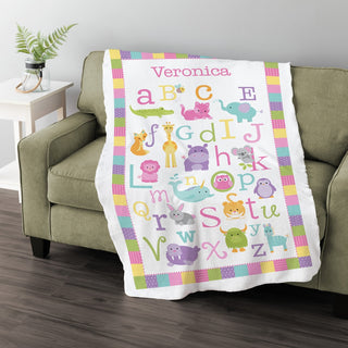Pastel Colors Animal ABC Fuzzy Blanket  with alphabet and animals personalized with name keepsake for new baby
