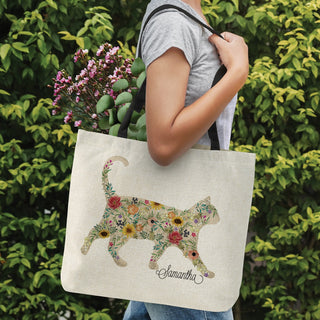 Floral Feline Burlap Tote with Black Handle