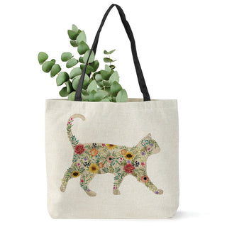 Floral Feline Burlap Tote with Black Handle