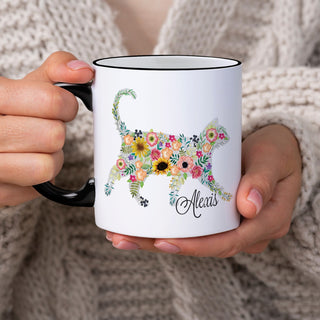 Floral Feline White Coffee Mug with Black Rim and Handle -  11oz