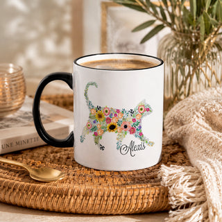 Floral Feline White Coffee Mug with Black Rim and Handle -  11oz