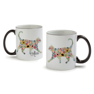 Floral Feline White Coffee Mug with Black Rim and Handle -  11oz