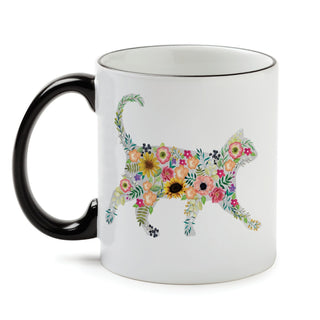 Floral Feline White Coffee Mug with Black Rim and Handle -  11oz