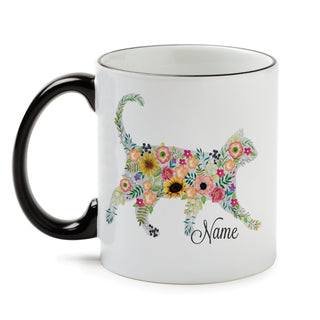 Floral Feline White Coffee Mug with Black Rim and Handle -  11oz