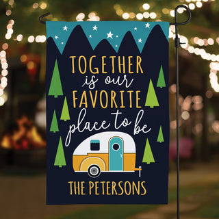 Together Is Our Favorite Place To Be Garden Flag with camper design personalized with name for yard or garden