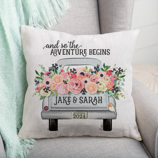  Floral Vintage Truck 14" Throw Pillow wedding gift for new couple personalized with names and dates