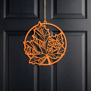 Fall Leaf Orange Wood Door Decor with Family Name