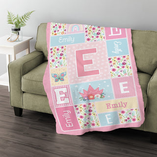 Name and Initial Floral Patchwork Pattern Fuzzy Blanket - Pink