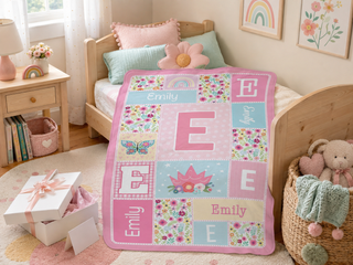 Name and Initial Floral Patchwork Pattern Fuzzy Blanket - Pink