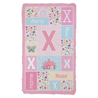 Name and Initial Floral Patchwork Pattern Fuzzy Blanket - Pink