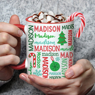 Christmas Name Pattern Red Handle Coffee Mug 11oz