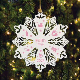 Baby's First Christmas Wood Snowflake Ornament personalized with baby information gift for new baby