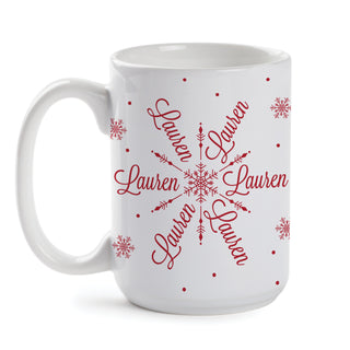 Script Name Red Snowflake Coffee Mug White Ceramic 15 oz