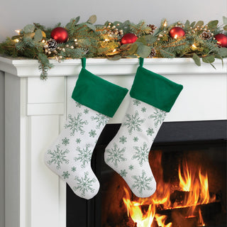 Green Cuff Stocking with Green Script Name Snowflake Pattern