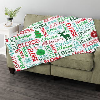 Christmas Name Pattern Fuzzy Blanket personalized with name and holiday icons great family gift to give at holiday