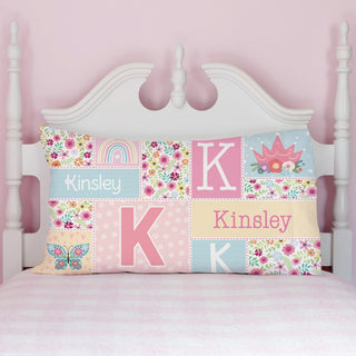 Name and Initial Floral Patchwork Pattern Pillowcase - Pink