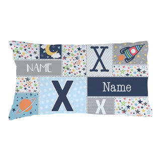 Name and Initial Star Patchwork Pattern Pillowcase - Blue