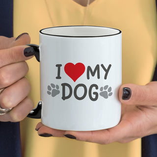 I Love My Dog Ceramic Coffee Mug with Black Rim and Handle Personalized with Dog Name