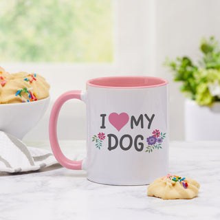 I Love My Dog Ceramic Coffee Mug with Pink Handle and Rim Personalized with Dog Name
