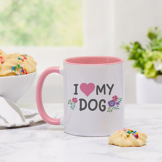 I Love My Dog Ceramic Coffee Mug with Pink Handle and Rim Personalized with Dog Name gift for dog lover