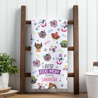 Best Dog Mom Waffle Tea Towel with Cute Dog Pattern and personalized with name